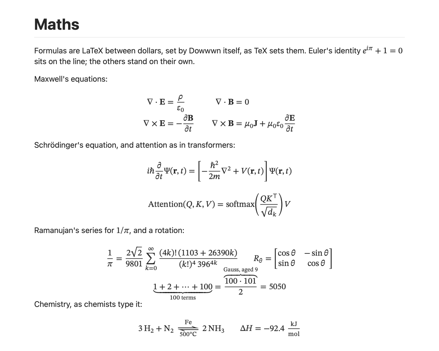 Maxwell's and Schrödinger's equations, attention, Ramanujan's series and the Haber process, typeset by Dowwwn